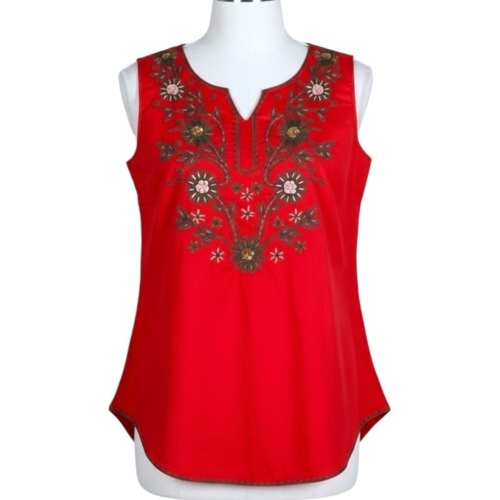 Red Embroidered Cotton Shirt Women's Size 4 Boho Sleeveless Flowers - Picture 2 of 7